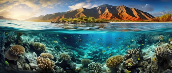 Fototapeta na wymiar An underwater view of a coral reef with a mountain in the background. Generative AI.