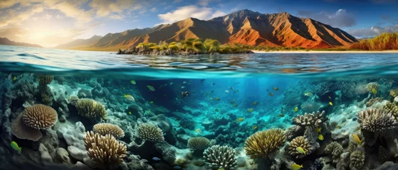 Foto op Plexiglas An underwater view of a coral reef with a mountain in the background. Generative AI. © Natalia