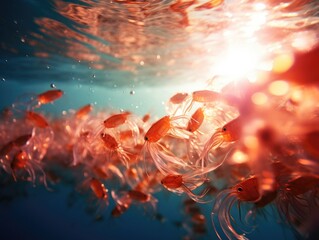 Fototapeta na wymiar A group of small shrimps swimming underwater. Generative AI.