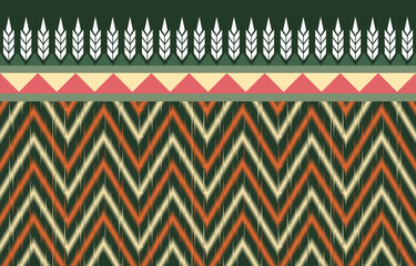 Orange and Green Geometrics Ikat ethnic design.Ikat seamless pattern in tribal, folk embroidery abstract wave art. ornament print. Ikat Design for wallpaper,carpet,clothing,fashion,fabric.