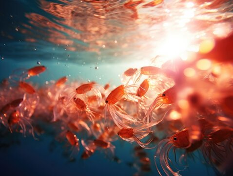 A group of small shrimps swimming underwater. Generative AI.