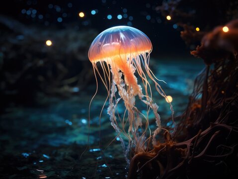 A glow jellyfish floating in the water at night. Generative AI.