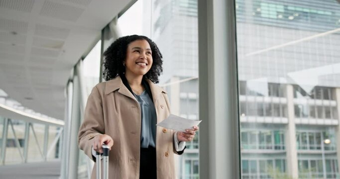 Thinking, travel and a woman with luggage at the airport and a ticket for a flight. Happy, walking and a young girl or person with a suitcase and boarding pass at a bridge to a vacation or holiday