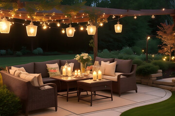 Serene house patio, aglow with garden lights, creates a tranquil oasis under starry skies. Ideal for peaceful retreats.