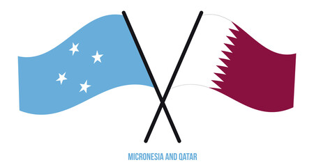 Micronesia and Qatar Flags Crossed And Waving Flat Style. Official Proportion. Correct Colors.