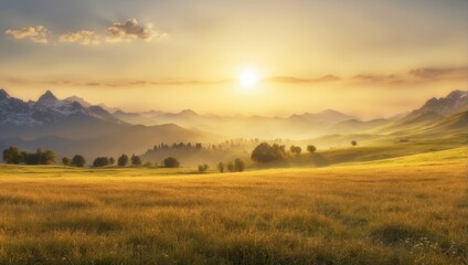 Obraz premium Tranquil Sunrise over Misty Meadow and Mountain Landscape 