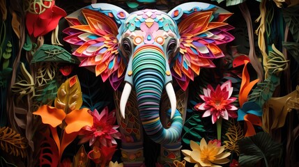 A colorful paper elephant statue surrounded by flowers and leaves. Generative AI.
