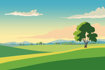 Illustration of beautiful summer fields landscape with a dawn, green hills and blue sky. Countryside background in flat cartoon style banner.