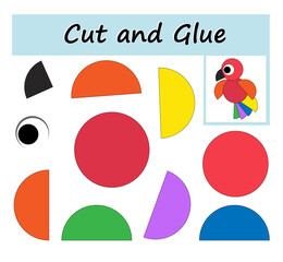 Cut parts of the image and glue on the paper. DIY worksheet. Cartoon parrot.