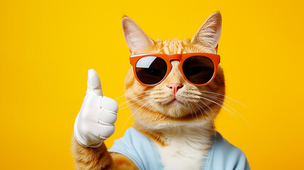Cat wearing sunglasses and giving thumb up - obrazy, fototapety, plakaty