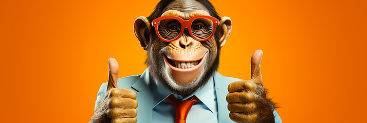 Monkey giving two thumbs up - obrazy, fototapety, plakaty