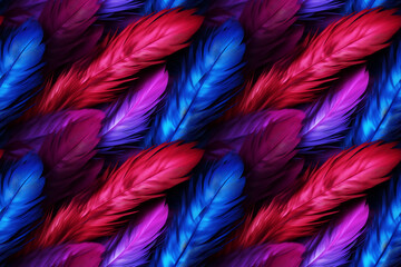 Vibrant Pink and Blue Feathers. Seamless Repeatable Background.