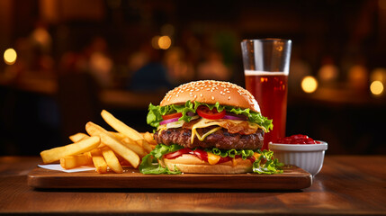 Delicious burger placed on a wooden table with fries - ai generative