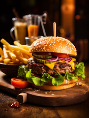 Delicious burger placed on a wooden table with fries - ai generative