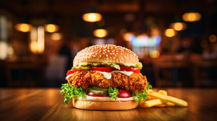 Delicious burger placed on a wooden table with fries - ai generative