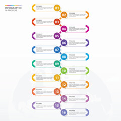 Infographic process design with icons and 16 options or steps.