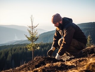 Environmental volunteers plant seedlings of spruce trees on the slopes of the mountains. Generated by AI.