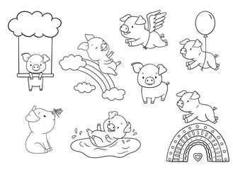 Cute outline piglet character jumping rainbow, flying with balloon Hand drawn illustrations set isolated on white background. Funny Farm animal for coloring book © Elena