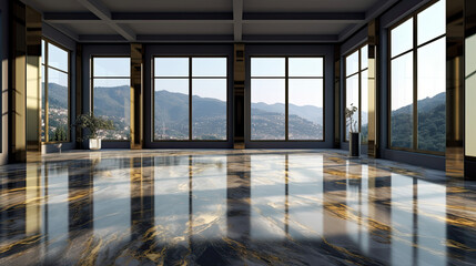 interior of empty modern apartment building with marble floors and view of the mountains , for presentation display 