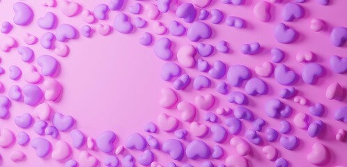 ピンク背景にピンクと紫の複数のハートとコピースペース。俯瞰。（横長）