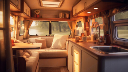 Cosy Interior of motor home camping car, furnishing decor of salon area, comfortable modern caravan house.