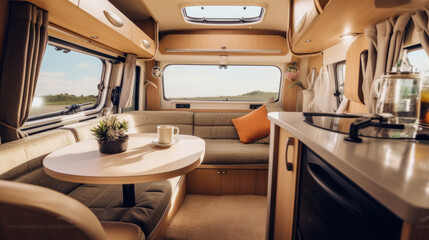 Cosy Interior of motor home camping car, furnishing decor of salon area, comfortable modern caravan house.