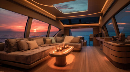 Fototapeta premium Interior of luxury motor yacht, furnishing decor of the salon area in a rich modern large sea boat design. Relaxation areas for water travel.