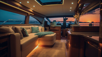 Fototapeta premium Interior of luxury motor yacht, furnishing decor of the salon area in a rich modern large sea boat design. Relaxation areas for water travel.