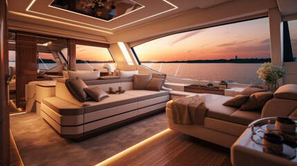 Interior of luxury motor yacht, furnishing decor of the salon area in a rich modern large sea boat design. Relaxation areas for water travel. - obrazy, fototapety, plakaty
