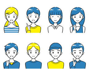 小学生の男子女子　ポジティブな表情　アイコンセット（シンプル）