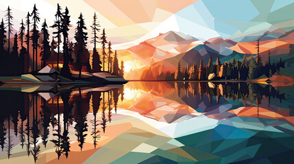 Colorful stylized landscape of Lake, mountains, and trees, wallpaper background