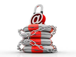 3d rendering E-mail symbol with lock in life belt
