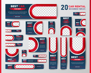 Car Rental Promotion web ad banner template design with blue and red background. vector
