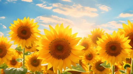 Obraz premium Vibrant sunflower field stretching towards the horizon, a cheerful sea of yellow petals basking in the sunlight. Ai Generated.NO.04