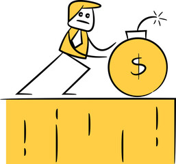 Doodle Businessman Pushing Dollar Debt Bomb

