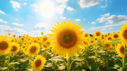 Vibrant sunflower field stretching towards the horizon, a cheerful sea of yellow petals basking in the sunlight. Ai Generated.NO.03