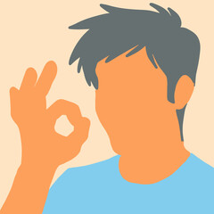 A person is making the 'OK' sign with their hand. They seem fine or agree. They have dark hair and a blue top.