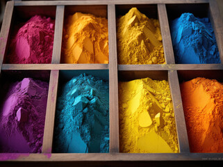 Colorful paint powders spices in boxes on a market stall for display presentation 