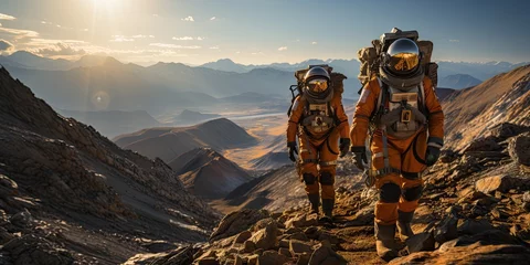 Fotobehang Astronauts in futuristic space suits are exploring the surface of Mars in order to live on Mars in the future by Generative AI © chartchai