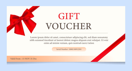 Elegant gift certificate voucher template with red bow ribbon, gift voucher coupon, offer special discount, ticket for promotion shop invitations, Luxury birthday gift card, Vector editable layer