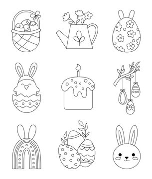 Items and characters Easter. Coloring Page. Bunny, chick, eggs and flowers. Hand drawn style. Vector drawing. Collection of design elements.