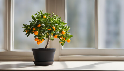 Small orange bonsai tree pot in a window.