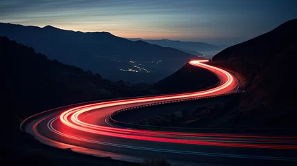 Foto op Aluminium Car brake taillights light trail blur winding around a curvy mountain road © Hamburn