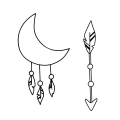 Set Ethnic arrows with feather and moon. Hand drawn vector boho line illustrations