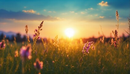 A peaceful meadow at sunset, with wildflowers glowing in golden light
