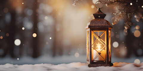 Warm winter lantern glowing on the snow generative ai