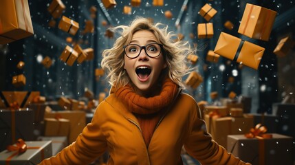 Happy satisfied woman rejoices at sales and discounts on a holiday, around her there are gifts and shopping yellow bags at Christmas time