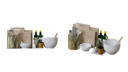 isolated kitchen utensil, bowl, knife, fork and spoon, bottle and glasses