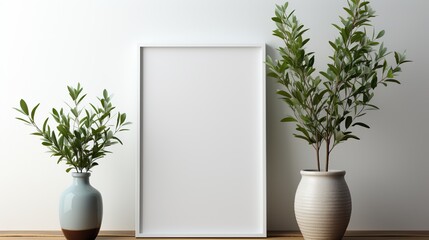 The empty white note frame with potted flowers on the sides, copy space