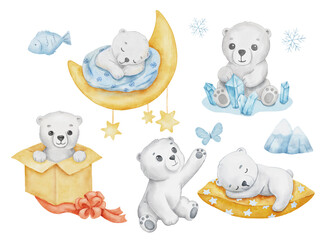 Cute baby bear sleeping on pillow and moon, playing with ice crystals. Watercolor cartoon hand drawn childish illustrations set for kids. Polar animal isolated on white